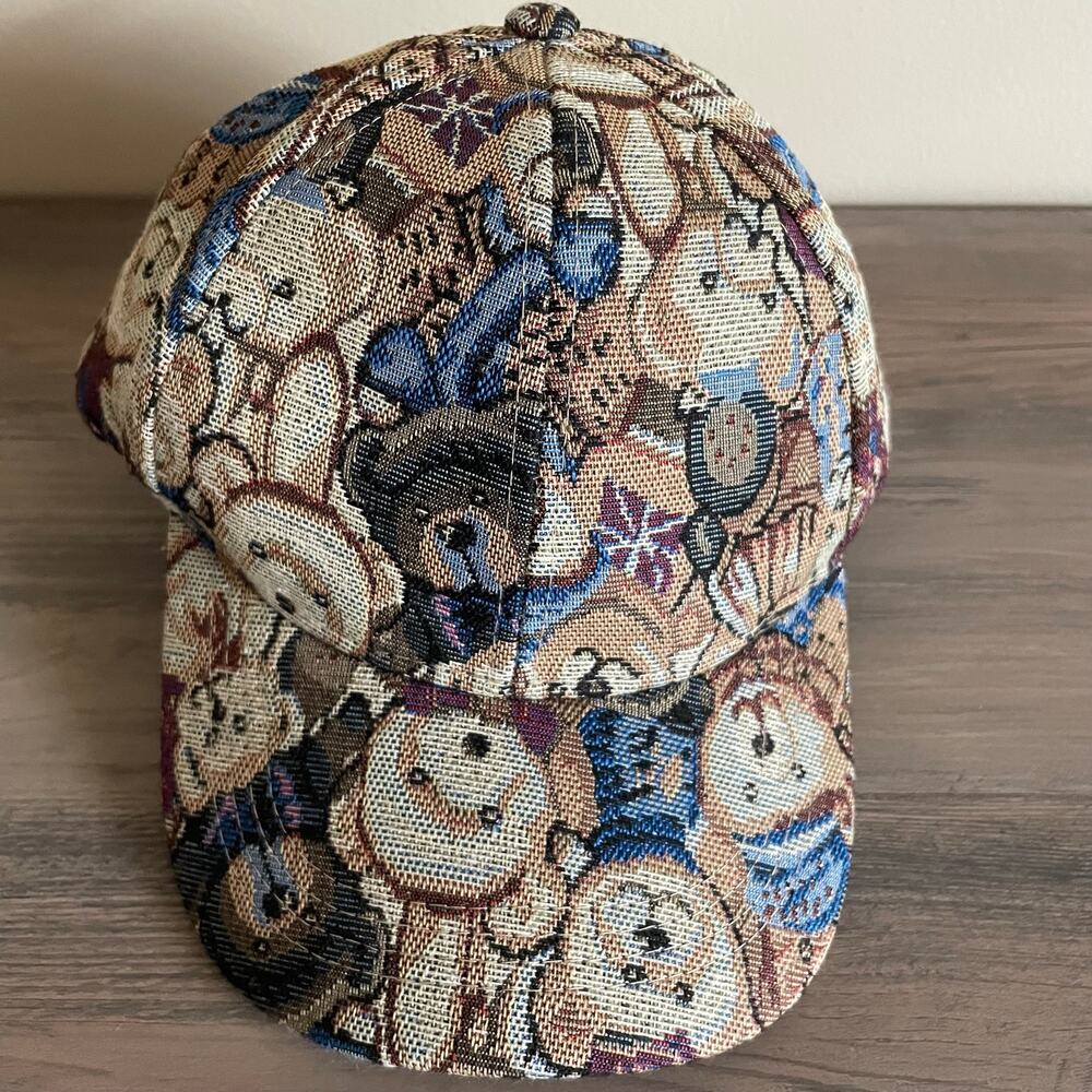 Tapestry Teddy Bear Baseball Hat Tan Blue Adjustable Cotton Coquette Cap